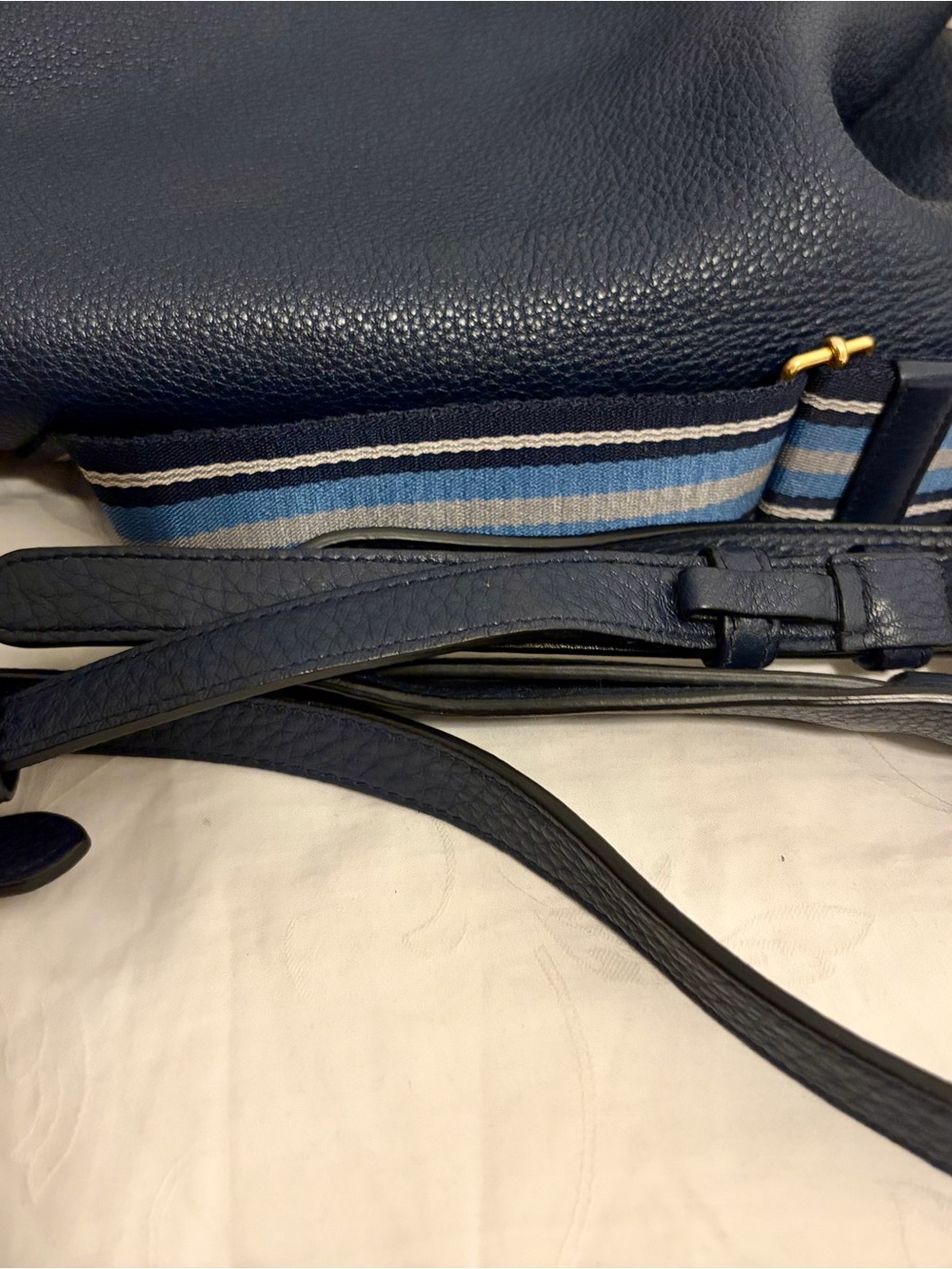 Prada Vitello Daino 2 Strap Navy Leather Bag with Striped Strap - Picture 5 of 10